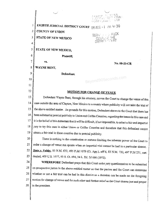 Original Change of Venue Motion filing (page 1)