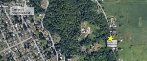 Google Earth screen shot of Lowell-Larimer Road in the valley, and Eastmont neighborhood on higher ground to the west.