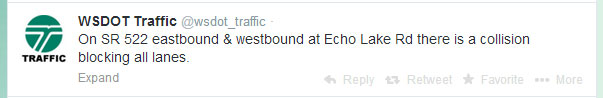 Washington State Department of Transportation's traffic tweet late Tuesday evening.