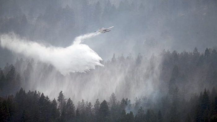 Plane dropping water over forest with smoky air.
